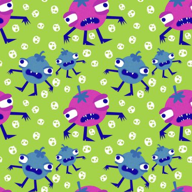 Cadılar Bayramı canavarları, kağıt, kumaş, çarşaf, parti aksesuarları ve sonbahar baskısı için kusursuz domates ve bezelye desenleri. Yüksek kaliteli illüstrasyon