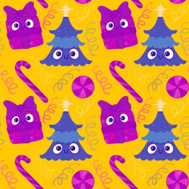 Noel ağacı kağıtları, kumaşlar, çarşaflar, yeni yıl ambalajları, çocuk giysileri baskısı ve Noel partisi aksesuarları için kusursuz kış oyuncakları deseni. Yüksek kaliteli illüstrasyon