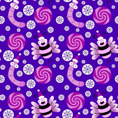 Kumaşlar, tekstil ve ambalajlar, hediyeler, çarşaflar ve ambalaj kağıtları için kışın dikişsiz tırtıllar ve arılar. Yüksek kaliteli illüstrasyon