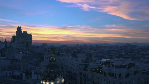 Madrid Sunset Gran Traffic Roof Top Metropolis View Panorama Real — Stock Video