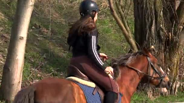 Tiener Meisje Leert Paardrijden Lessen Omgeving Van Berg — Stockvideo