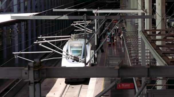 マドリッド スペイン 2018 マドリードのアトーチャ駅で電車 — ストック動画