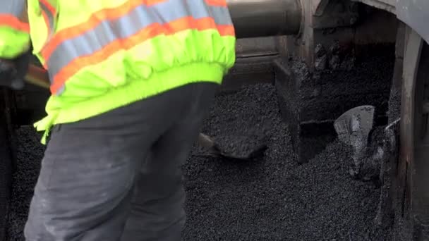 Team Workers Put Hot Asphalt Street Road Construction Workers Shovels — Stock Video