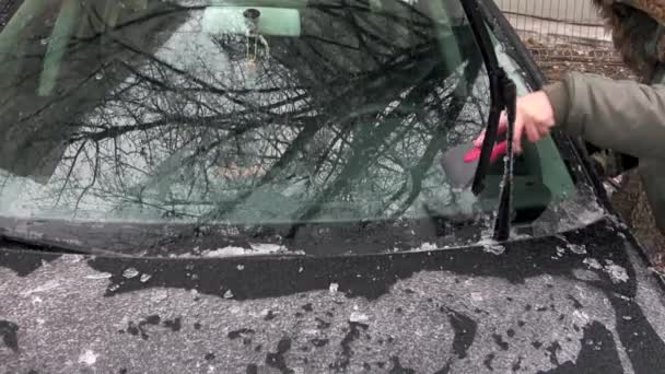 Raspado Hielo Limpia Parabrisas Congelado Invierno — Vídeo de stock