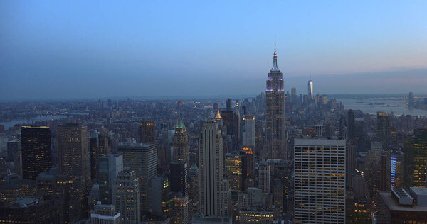New York, Usa:Aerial view of Manhattan midtown and downtown skyscrapers ar sunset and dusk time