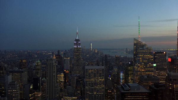 New York, Usa:Aerial view of Manhattan midtown and downtown skyscrapers ar sunset and dusk time