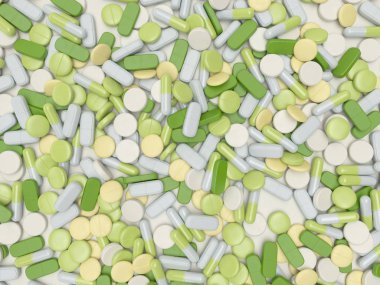 Beyaz arka plan üzerinde renkli hapları. 3D çizim