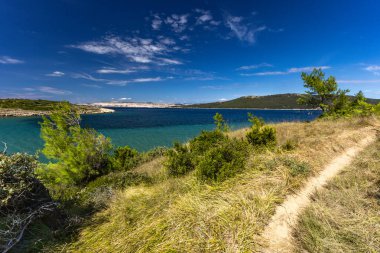 Sandy Sahara Sahili, Rab adasındaki en güzel FKK plajı, natürist plajı, mavi su ve bulutsuz gökyüzü.,