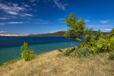 Sandy Sahara Sahili, Rab adasındaki en güzel FKK plajı, natürist plajı, mavi su ve bulutsuz gökyüzü.,