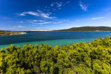 Sandy Sahara Sahili, Rab adasındaki en güzel FKK plajı, natürist plajı, mavi su ve bulutsuz gökyüzü.,