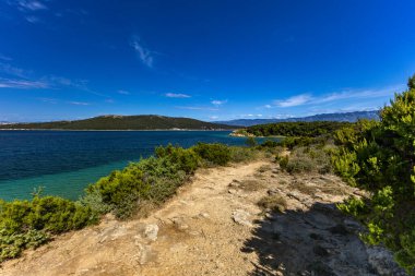 Sandy Sahara Sahili, Rab adasındaki en güzel FKK plajı, natürist plajı, mavi su ve bulutsuz gökyüzü.,
