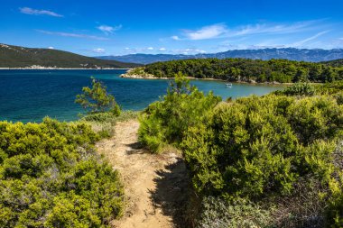 Sandy Sahara Sahili, Rab adasındaki en güzel FKK plajı, natürist plajı, mavi su ve bulutsuz gökyüzü.,