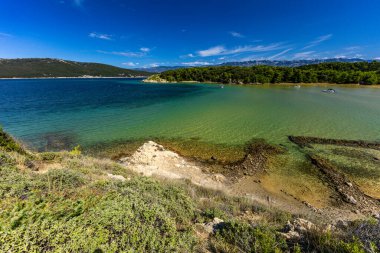 Sandy Sahara Sahili, Rab adasındaki en güzel FKK plajı, natürist plajı, mavi su ve bulutsuz gökyüzü.,