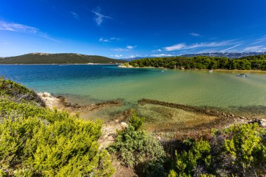 Sandy Sahara Sahili, Rab adasındaki en güzel FKK plajı, natürist plajı, mavi su ve bulutsuz gökyüzü.,
