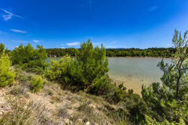 Sandy Sahara Sahili, Rab adasındaki en güzel FKK plajı, natürist plajı, mavi su ve bulutsuz gökyüzü.,