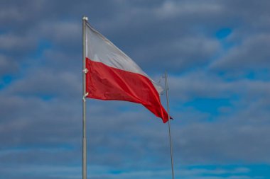 Polonya Cumhuriyeti bayrağı, ofisin çatısında beyaz ve kırmızı bayrak, rüzgarda dalgalanan bayrak gökyüzüne karşı