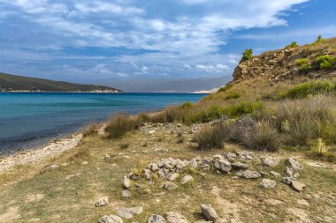 Rab adasındaki vahşi kumsal Podsilo, insansız boş plaj, Hırvatistan 'da vahşi plajlar