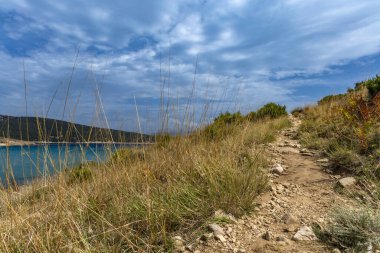 Rab adasındaki vahşi kumsal Podsilo, insansız boş plaj, Hırvatistan 'da vahşi plajlar