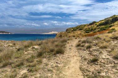 Rab adasındaki vahşi kumsal Podsilo, insansız boş plaj, Hırvatistan 'da vahşi plajlar