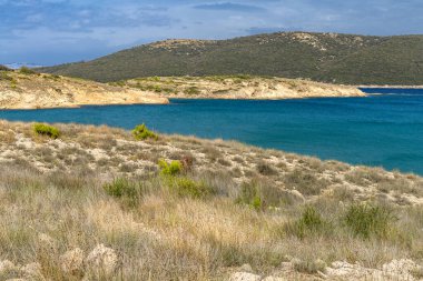 Rab adasındaki vahşi kumsal Podsilo, insansız boş plaj, Hırvatistan 'da vahşi plajlar