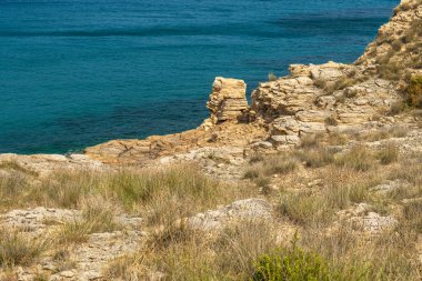 Rab adasındaki vahşi kumsal Podsilo, insansız boş plaj, Hırvatistan 'da vahşi plajlar