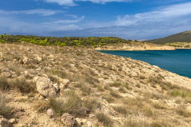 Rab adasındaki vahşi kumsal Podsilo, insansız boş plaj, Hırvatistan 'da vahşi plajlar