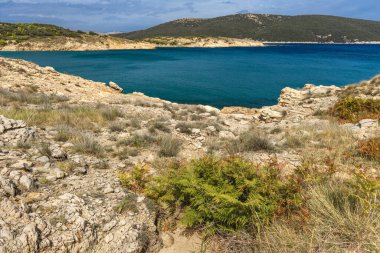 Rab adasındaki vahşi kumsal Podsilo, insansız boş plaj, Hırvatistan 'da vahşi plajlar