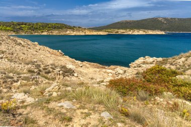 Rab adasındaki vahşi kumsal Podsilo, insansız boş plaj, Hırvatistan 'da vahşi plajlar