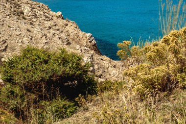 Rab adasındaki vahşi kumsal Podsilo, insansız boş plaj, Hırvatistan 'da vahşi plajlar