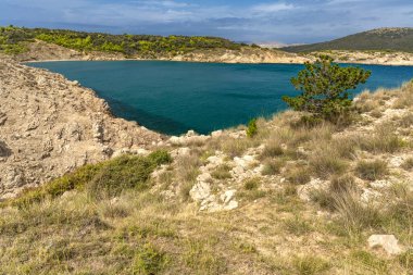 Rab adasındaki vahşi kumsal Podsilo, insansız boş plaj, Hırvatistan 'da vahşi plajlar