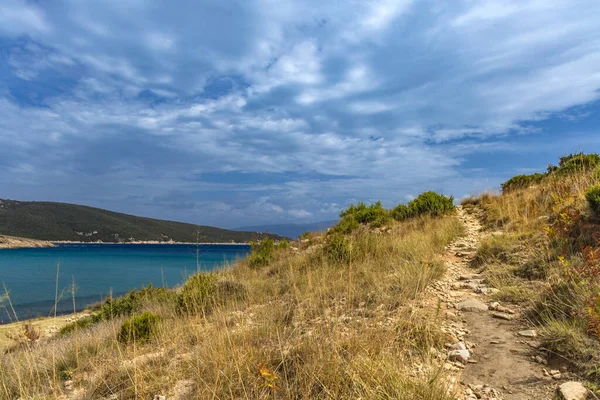 Rab adasındaki vahşi kumsal Podsilo, insansız boş plaj, Hırvatistan 'da vahşi plajlar