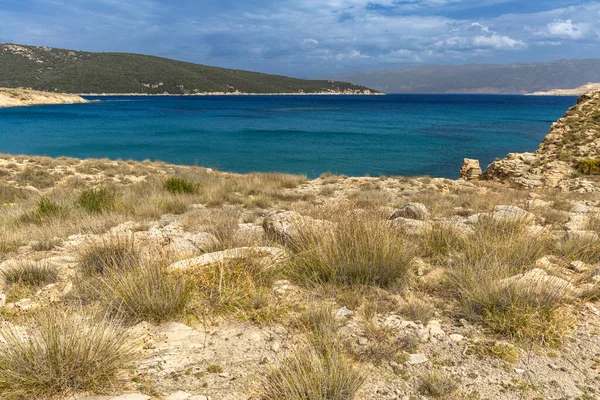 Rab adasındaki vahşi kumsal Podsilo, insansız boş plaj, Hırvatistan 'da vahşi plajlar