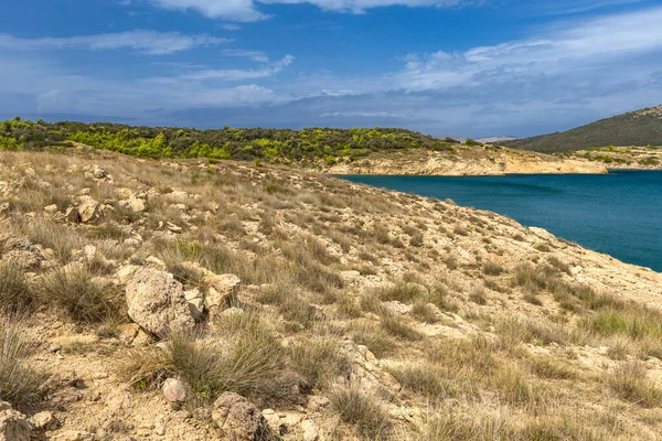 Rab adasındaki vahşi kumsal Podsilo, insansız boş plaj, Hırvatistan 'da vahşi plajlar