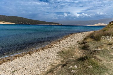 Rab adasındaki vahşi kumsal Podsilo, insansız boş plaj, Hırvatistan 'da vahşi plajlar