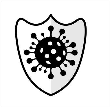 İçinde covid-19 hücresi olan kalkanın vektör grafiği. Anti virüs ikonu. Coronavirus kalkan koruma logosu şablonu. 