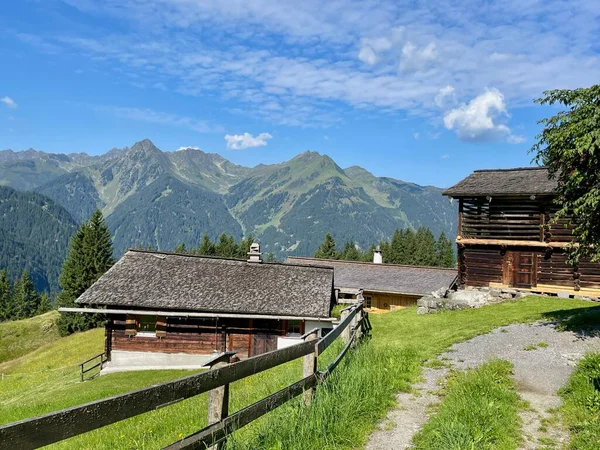 Alp kulübesinin panoramik manzarası Montiel, Montafon, Vorarlberg, Avusturya. Yüksek kalite fotoğraf
