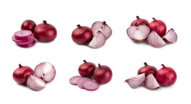 Shallot soğanı beyaz arka planda izole edilmiş. Soğan dilimi. Soğan halkaları. Taze kırmızı soğan. Doğal, taze, vejetaryen yiyecekler. Tarım ürünleri. Sağlıklı beslenme. Sebzeler. Çiftçi pazarı..