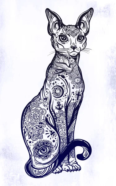 Vintage style cat with body flash art tattoos.