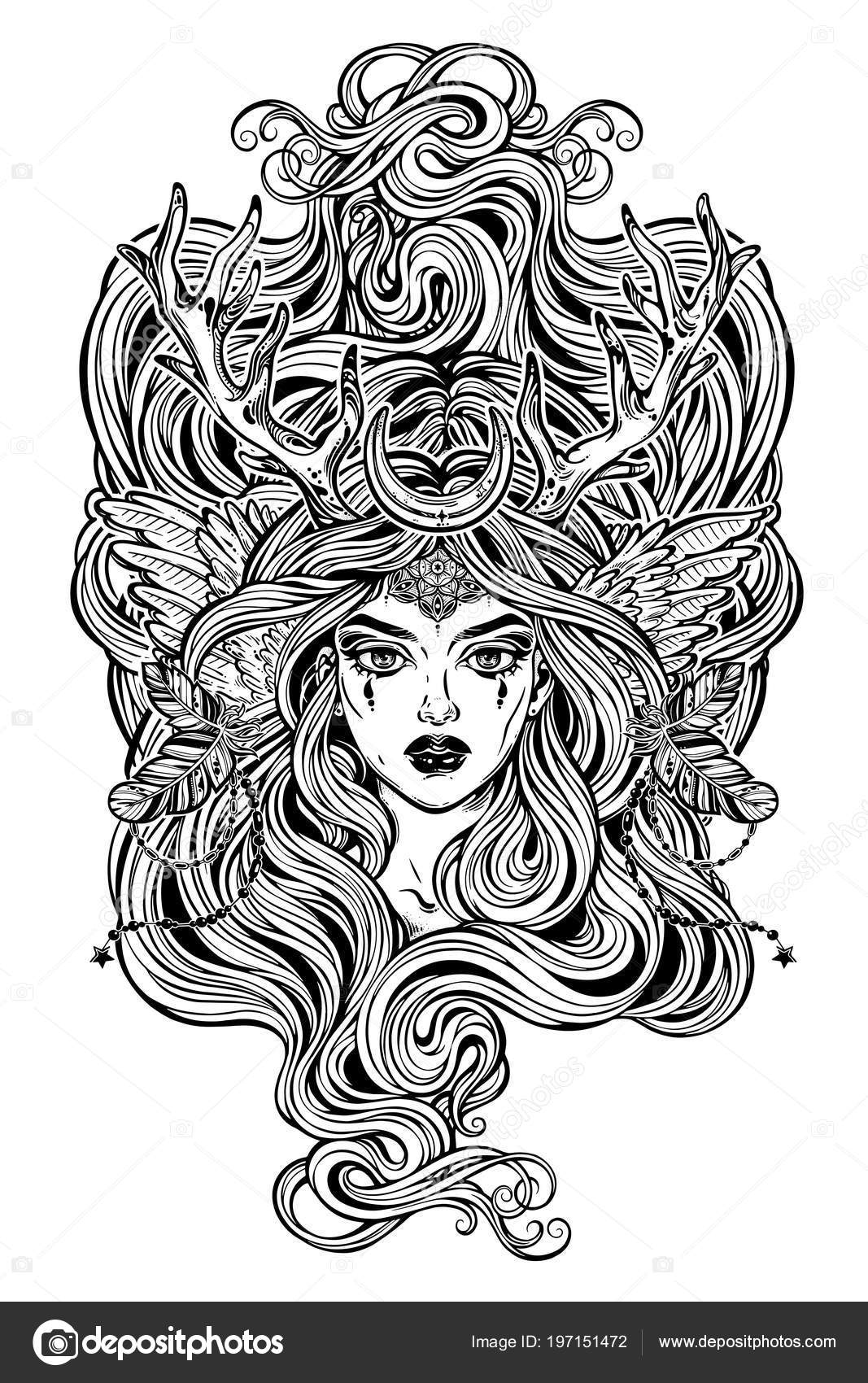 Sjamaan Elf Magische Vrouw Met Herten Antlerss Lang Haar Alchemie