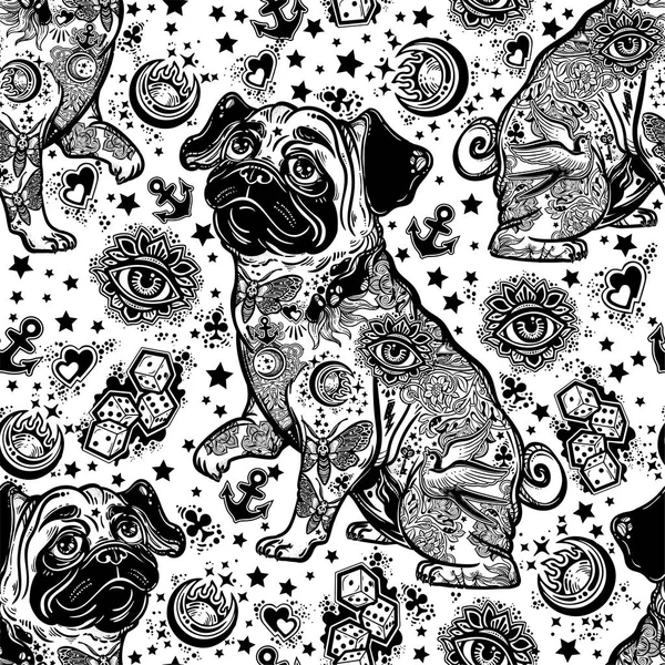 Vintage style traditional tattoo flash bulldog or pug dog seamless doodle pattern.