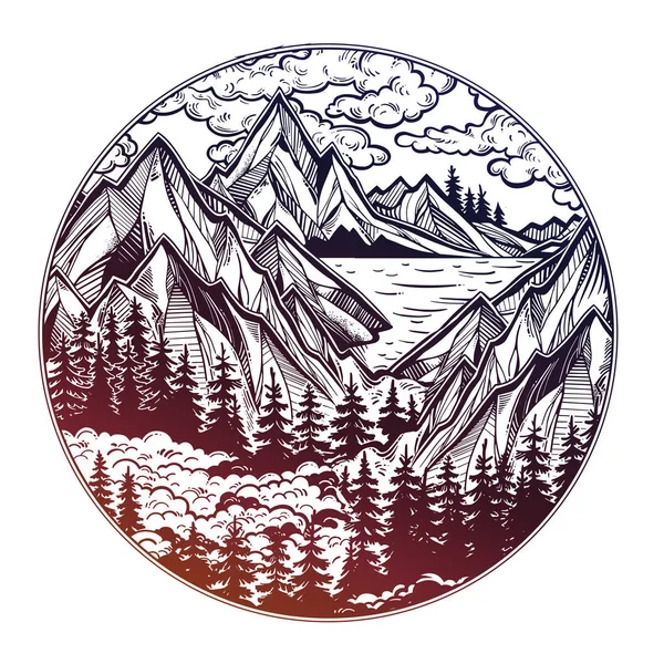 Round artwork with Wilderness landscape scene with a lake, road, pine forest and mountains. Vector illustration isolated. Vintage outdoors nature. Adventure artwork for travel and wanderlust tattoo.