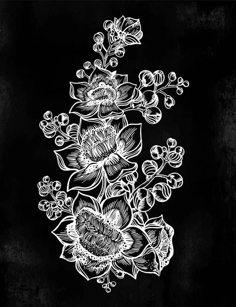 Exotic tropical flowers. Wild summer flowers, stem bouquet sketch in line art style.