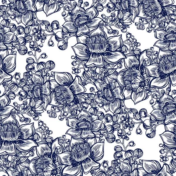 Exotic tropical flower and buds seamless pattern. Wild summer flowers, background in line art style.