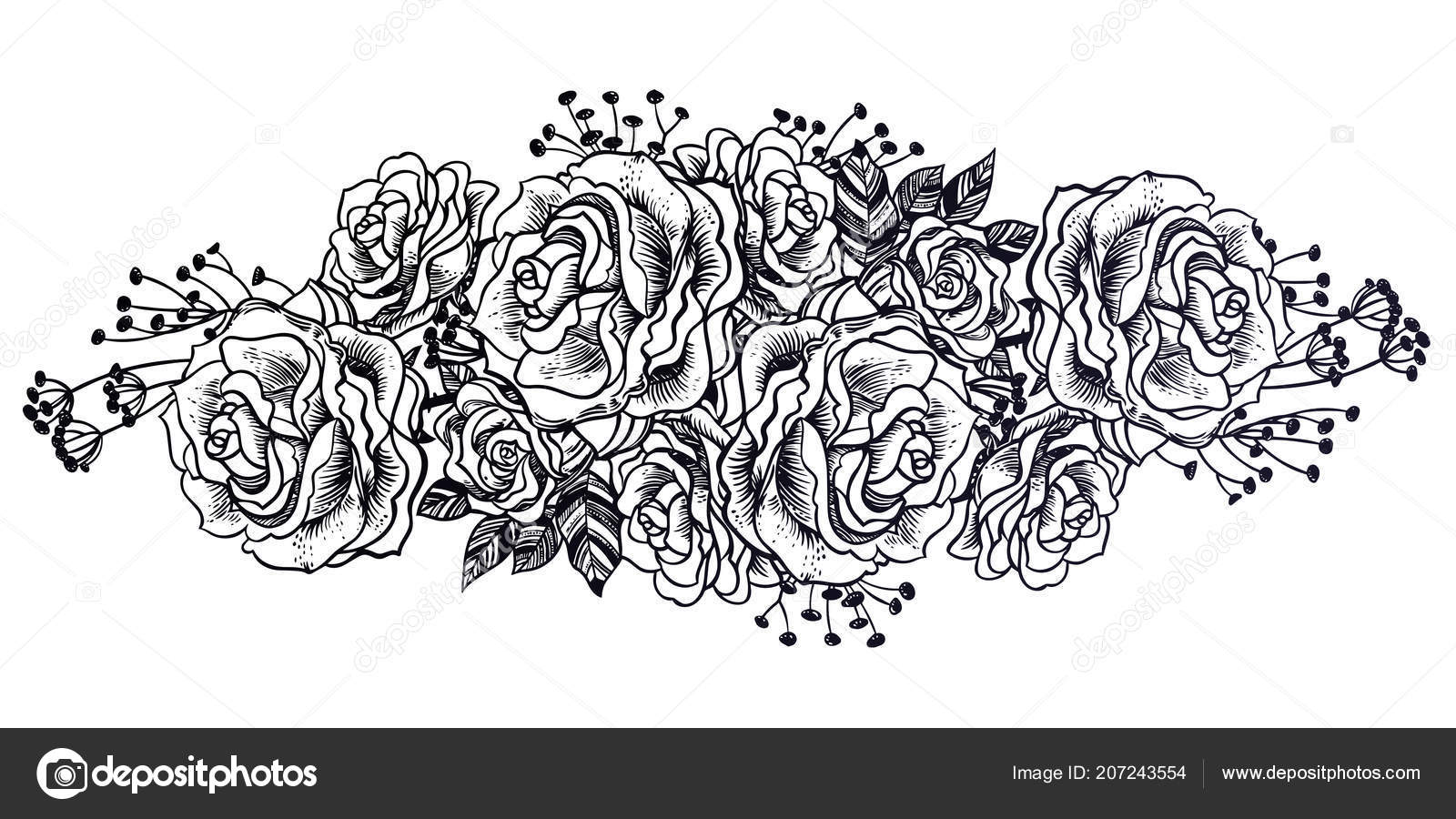 Wild Field Rose Summer Flowers Bridal Bouquet Sketch In