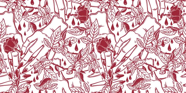 Linear art of a stylized female human hand holding a rose seamless pattern..