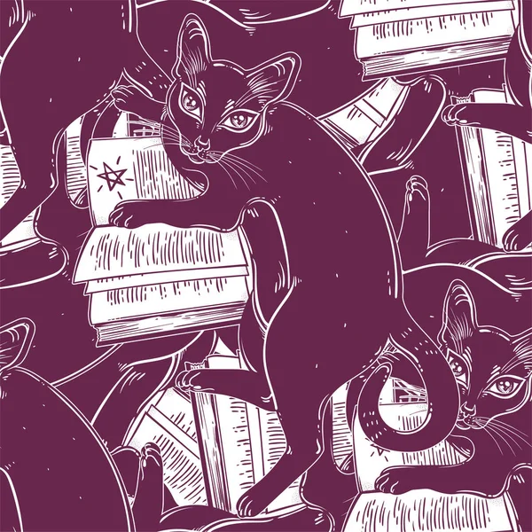 Smart black cat reading the magic book seamless pattern.