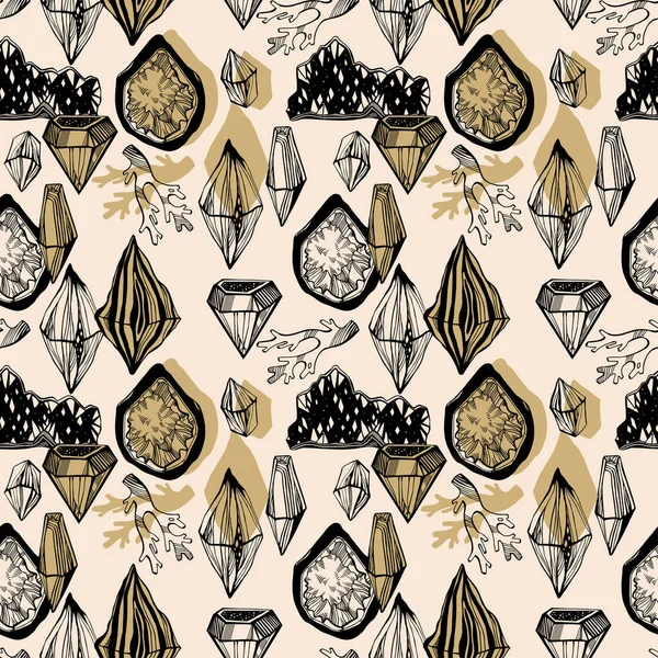 Artistic wild minerals, crystal gems and rock stones seamless pattern. For science, geology and healing ornament design.