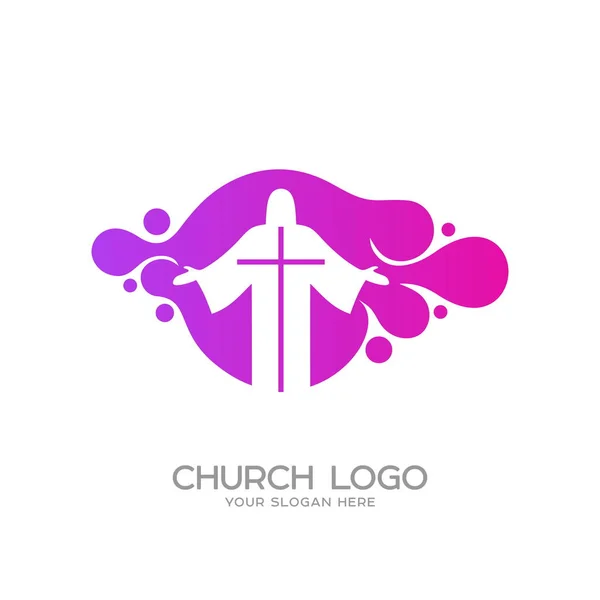 Logo Iglesia Símbolos Cristianos Logo Forma Burbujas Silueta Jesucristo — Vector de stock