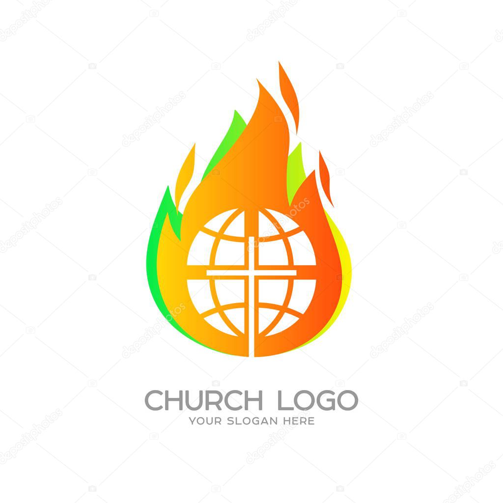 Church logo. Christian symbols. Globe, the cross of Jesus Christ against the background of the flame of the Holy Spirit
