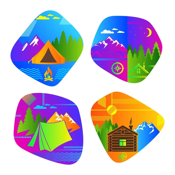 Set Bright Colored Logos Camping Outdoor Recreation — Stock Vector